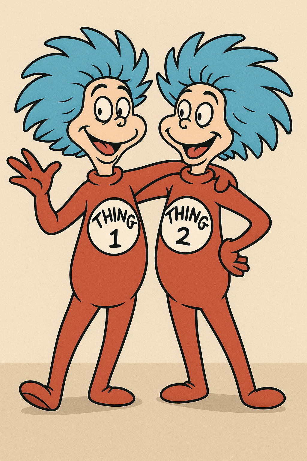 Thing One and Thing Two, mischievous pose, blue hair, red suits, white circles with 'Thing 1' and 'Thing 2', cartoon style emoji