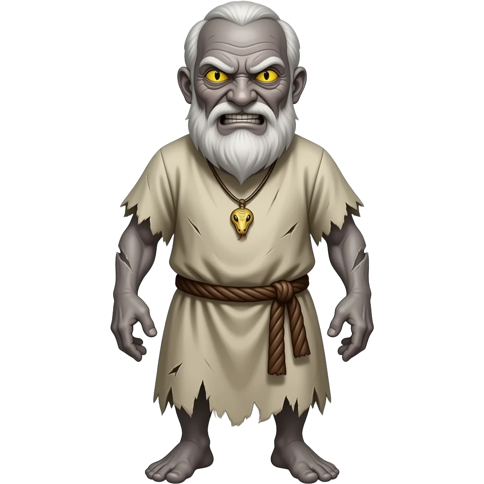 A full bodied emaciated old man with ashen colored skin, yellow serpent eyes with slim black slits for pupils and possessed by an evil spirit man that has an angry smile on his face, wearing tattered clothing from biblical times emoji