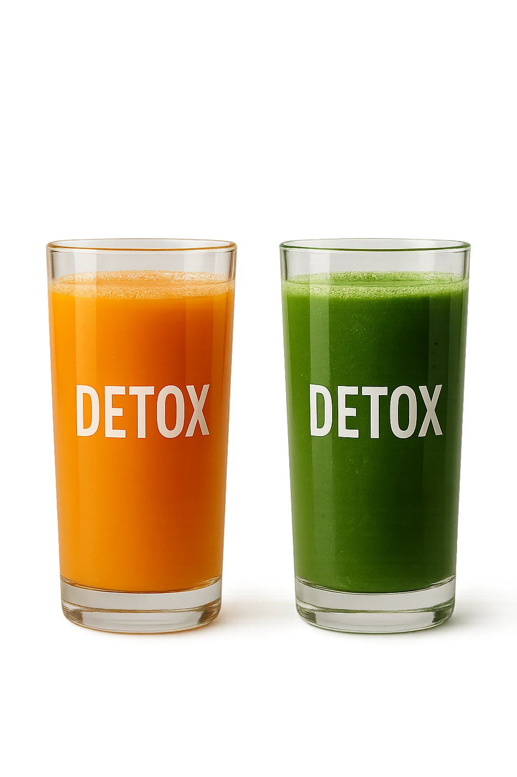 DUE BICCHIERI DI SUCCO DI FRUTTA, UNO ARANCIONE E UNO VERDE, CON LA SCRITTA DETOX SUL BICCHIERE,  realistici emoji