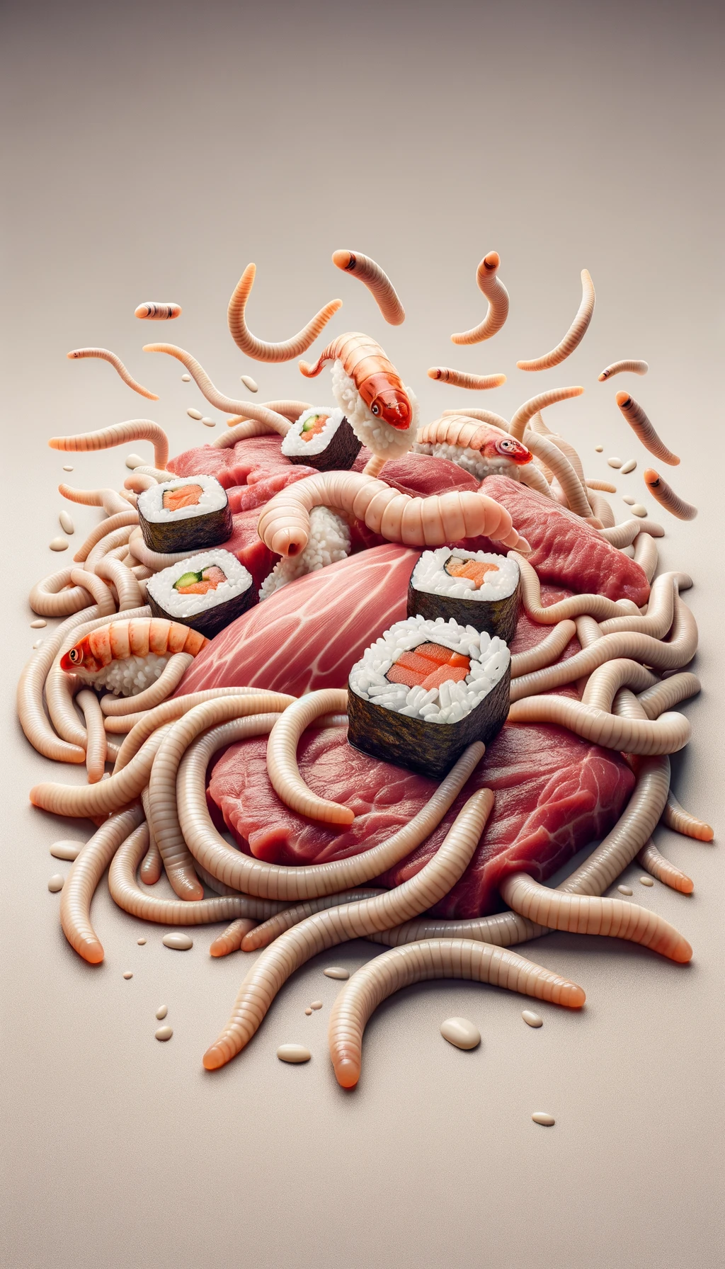carne cruda fluttua insieme a sushi, intorno a loro fluttuano vermi lunghi e beige chiaro, sfondo neutro chiaro, iperrealistico 4k emoji
