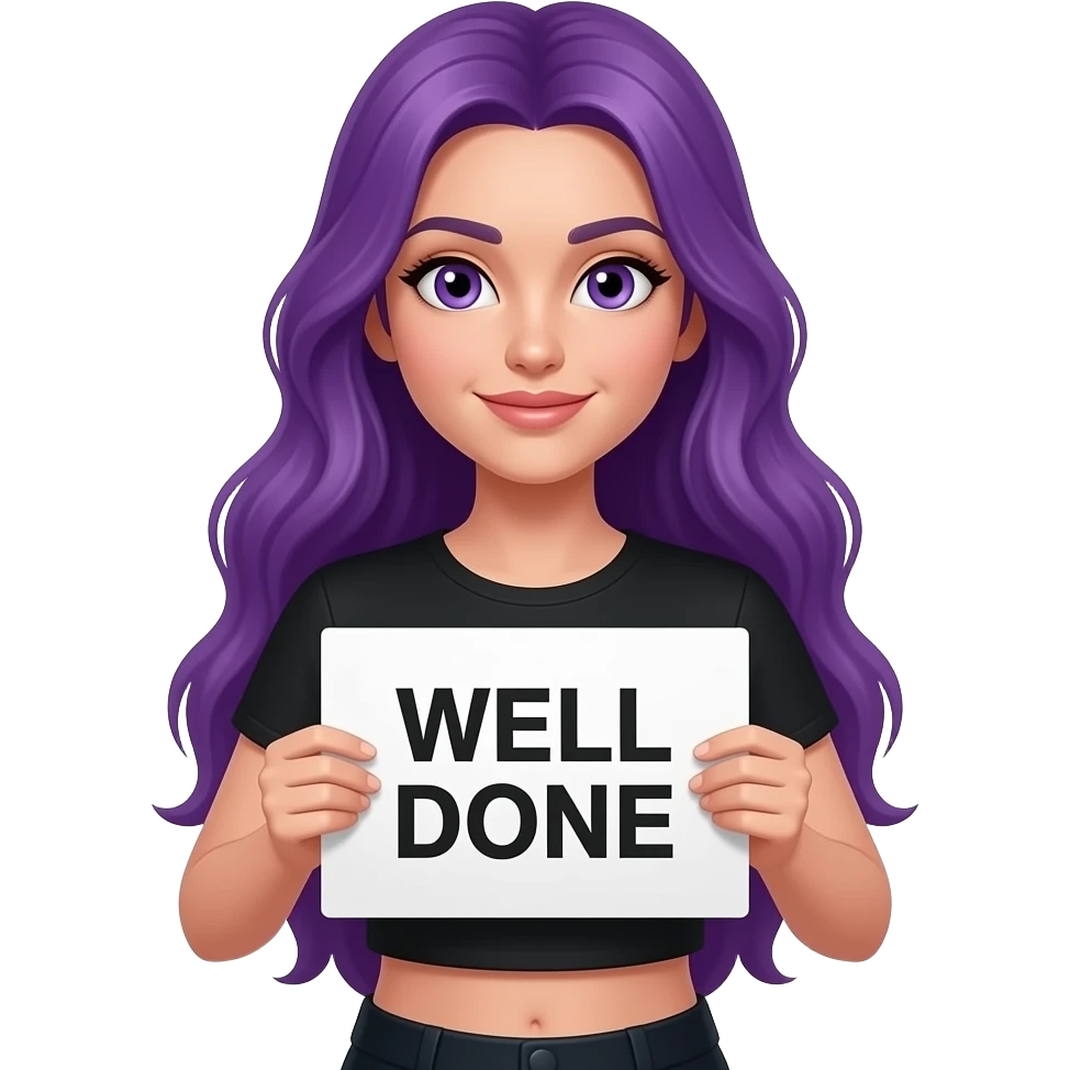 sexy girl with long purple hair and purple eyes holding a WELL DONE sign emoji