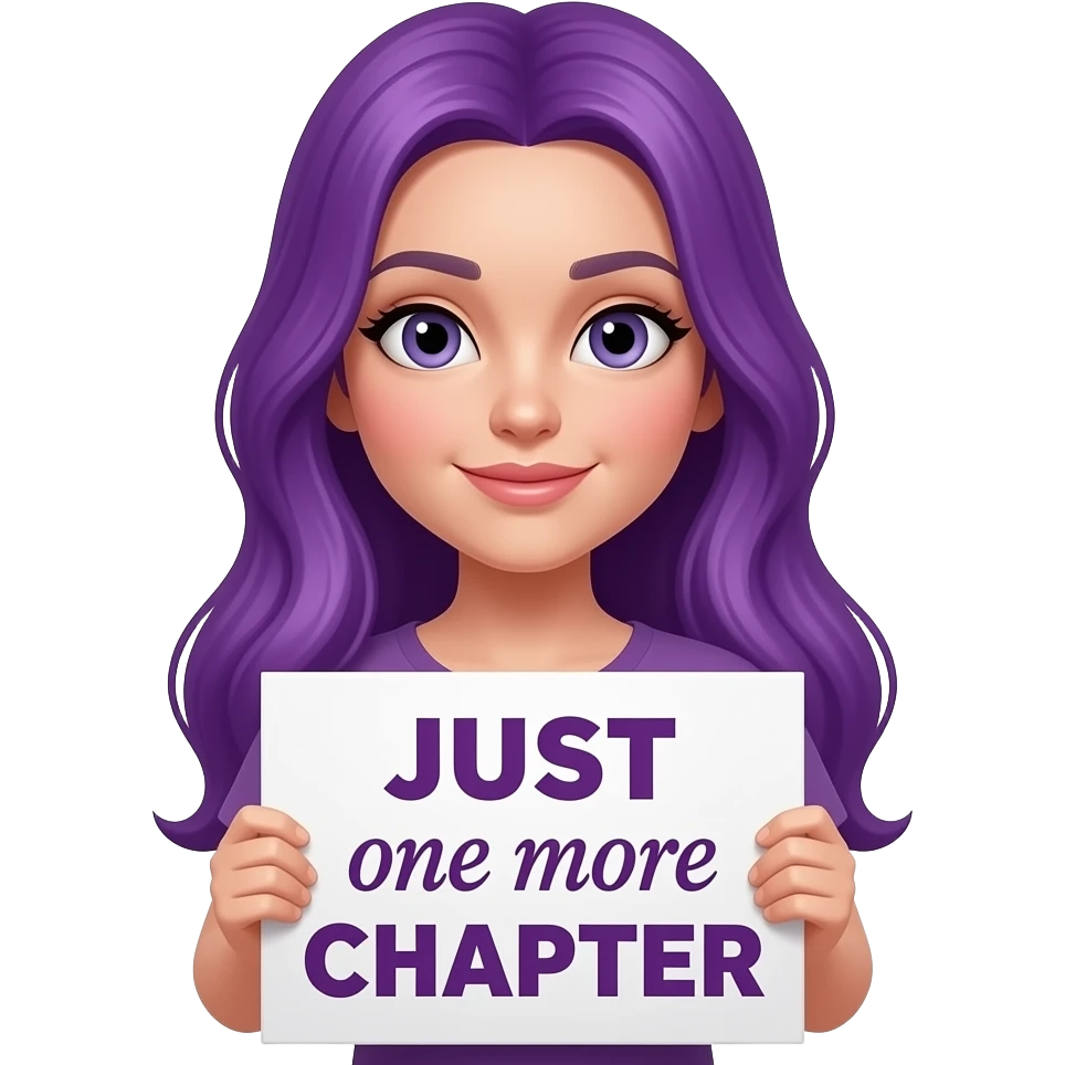 sexy girl with long purple hair holding a JUST one more CHAPTER sign emoji