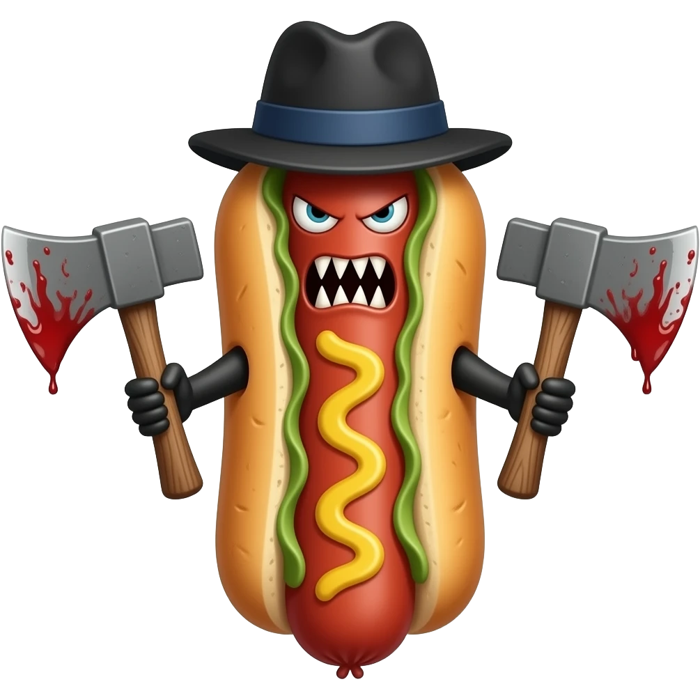 a vicious looking hot dog with sharp teeth dressed as lizzie borden holding two bloody hatchets looking evil emoji