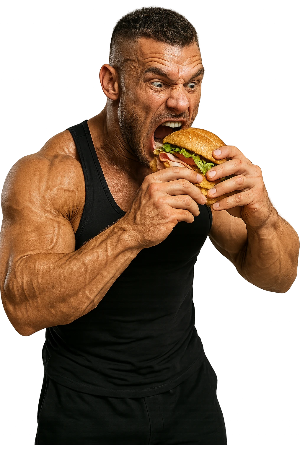bodybuilder che mangia affamato un panino, iperrealistico 4k emoji