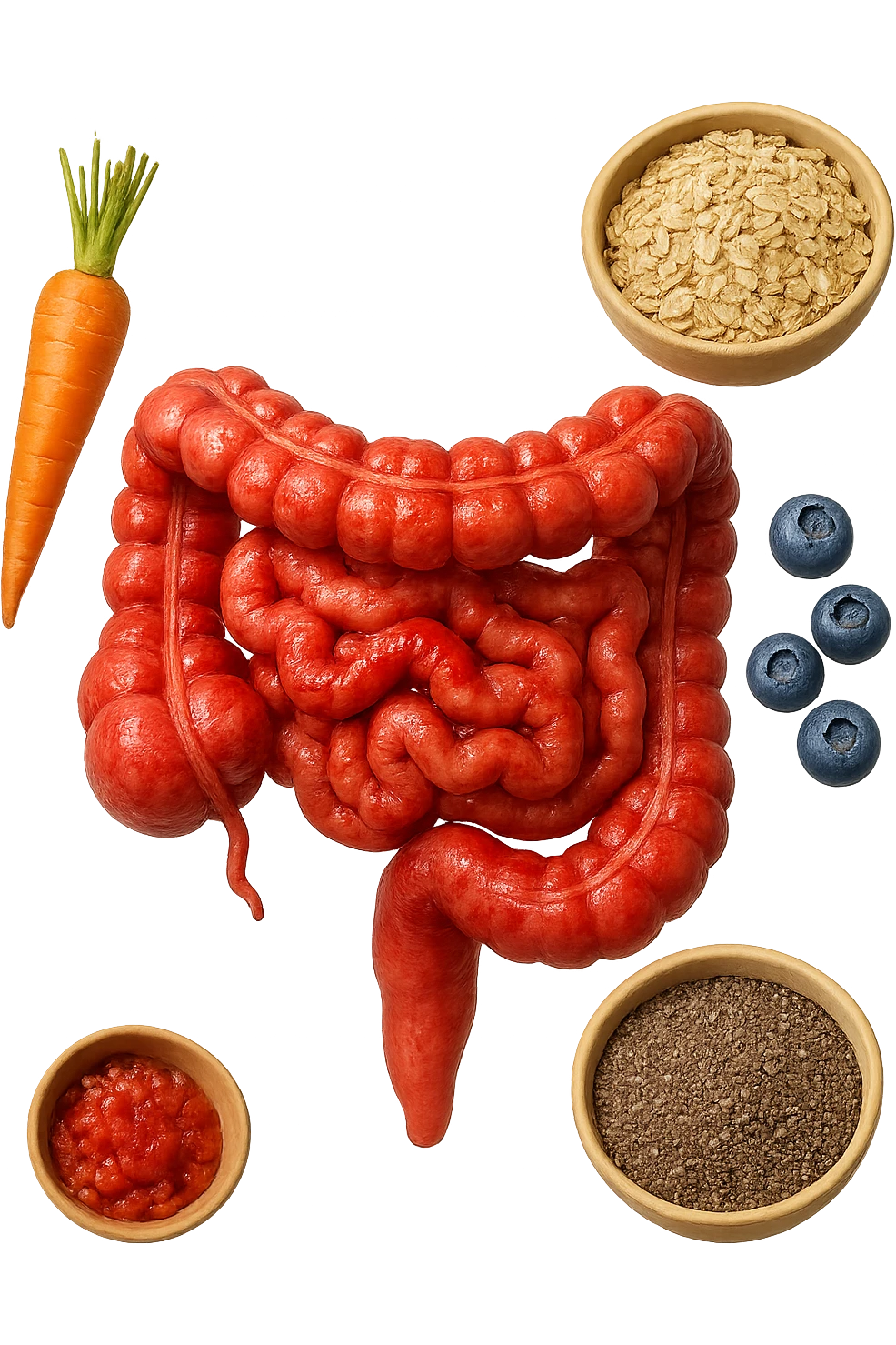 intestino umano anatomico infiammato al centro con carota, bowl di avena, mirtilli, bowl di semi di chia che gli fluttuano intorno , iperrealistico 4k emoji