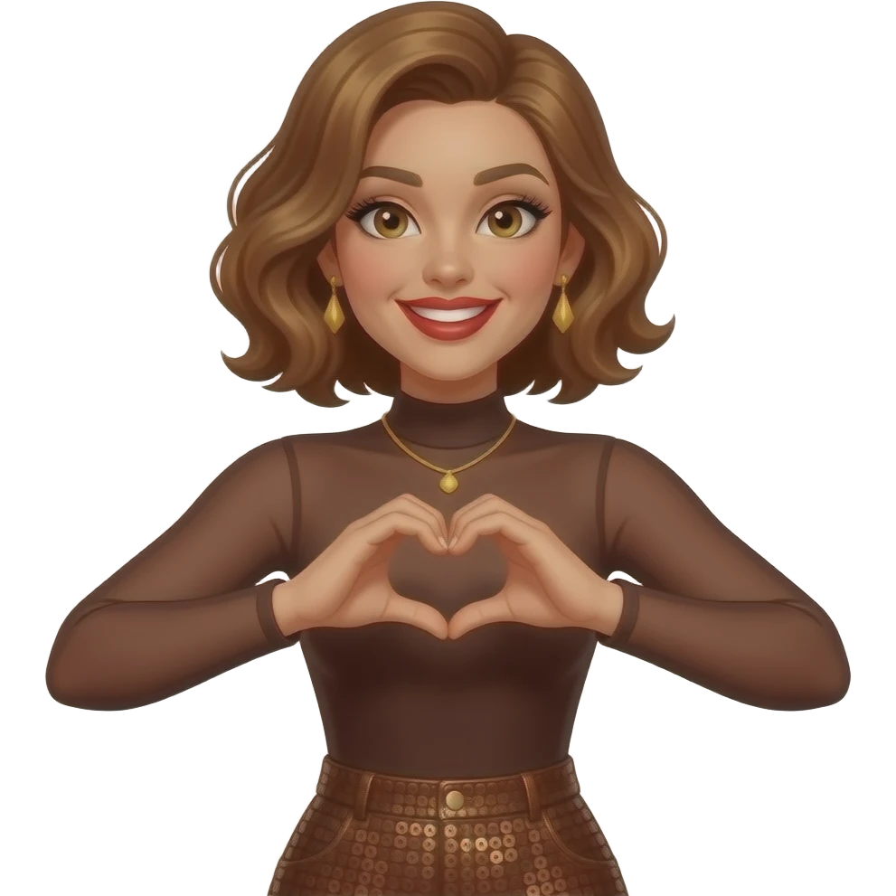 glamours,-tanned,-very-beautiful-woman-with-big-plump-red-lips,-long-lashes,-honey-silky-very short- hair,-wavy-hair,-hazel-eyes- wearing-Chocolate-brown-sheer-Long-sleeved-bodysuit-Brown-sequinned-pants-Her-eyes-sparkle-and-she-is-smiling-hands-up-making-a-heart-symbol-- emoji