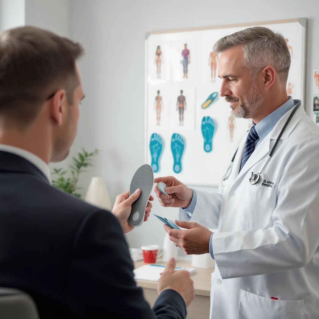 vertical scene in a professional medical office, a doctor showing orthotic insoles to a client but also pointing to a board with postural exercises and images of other specialists, suggesting insoles are not the definitive solution, professional illustrative style emoji