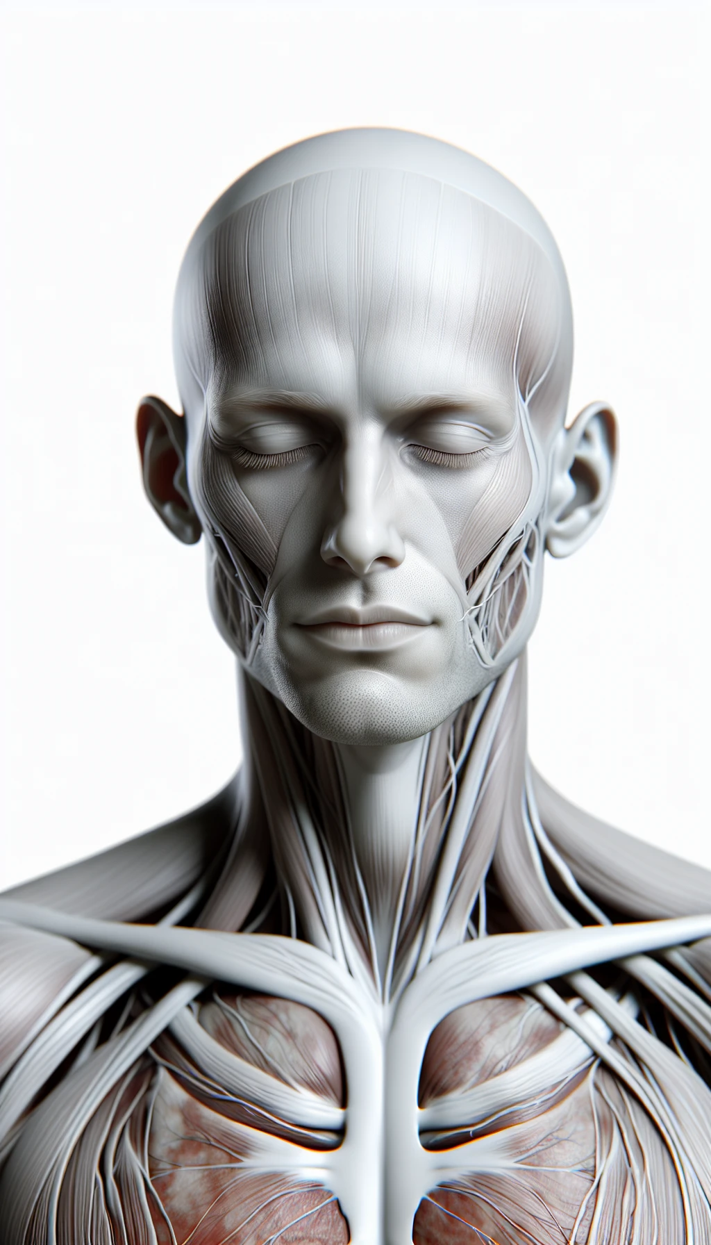 corpo umano anatomico a corpo intero con occhi chiusi sereno e in perfetta salute , isolato su sfondo bianco, iperrealistico 4k emoji