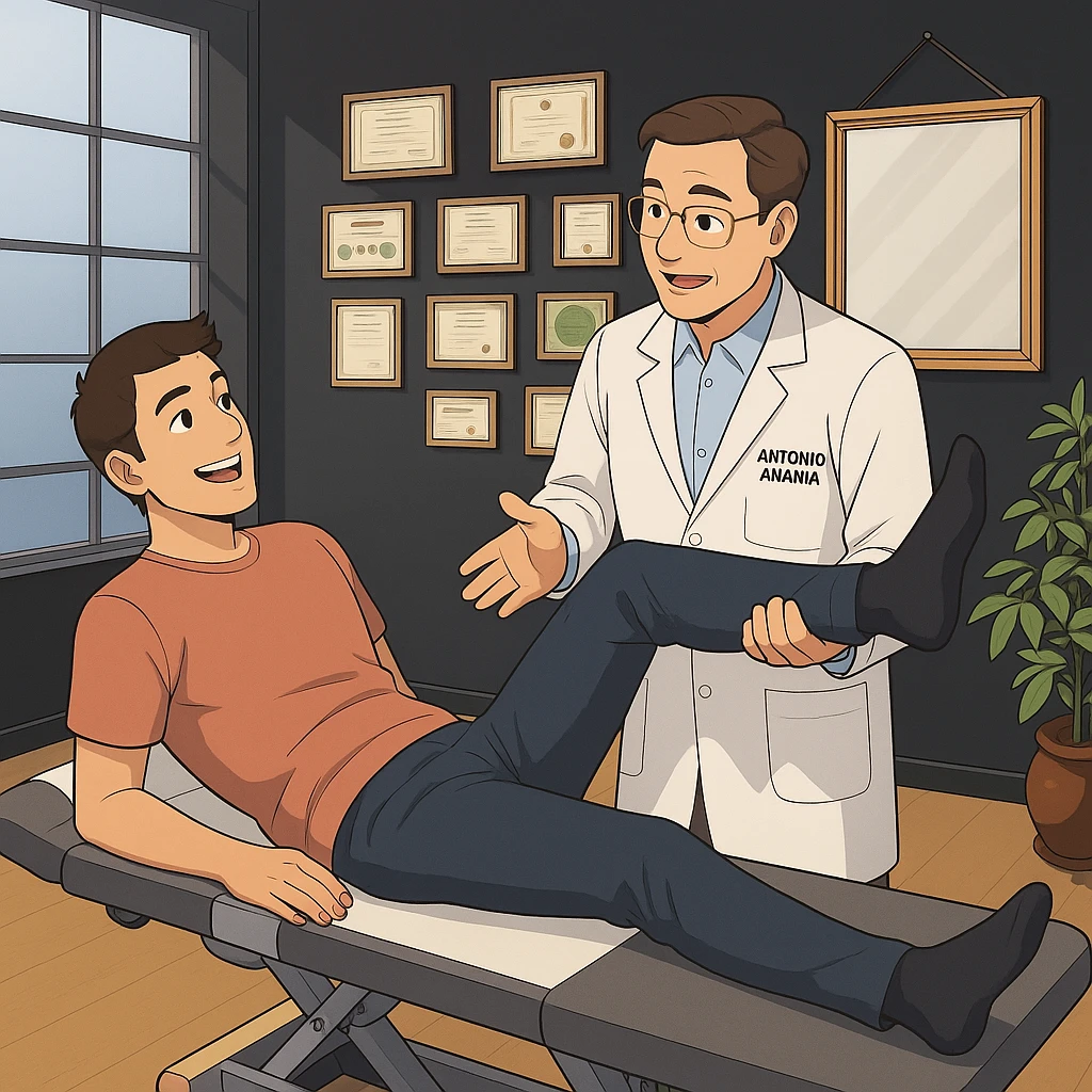 su questo lettino rappresenta un webtoon manga a colori con questo stile, in cui un uomo è steso sul lettino medico e il kinesiologo con il camice bianco (fagli anche la scritta "ANTONIO ANANIA" SUL CAMICE, gli solleva una gamba per fargli il test neuromuscolare, IL KINESIOLOGO SPIEGA ALL'UOMO UNA cosa mentre gli alza la gamba. l'espressione dell'uomo è felice e soddisfatta, non fare i fumetti però, fai solo in modo che sembri stiano parlando emoji