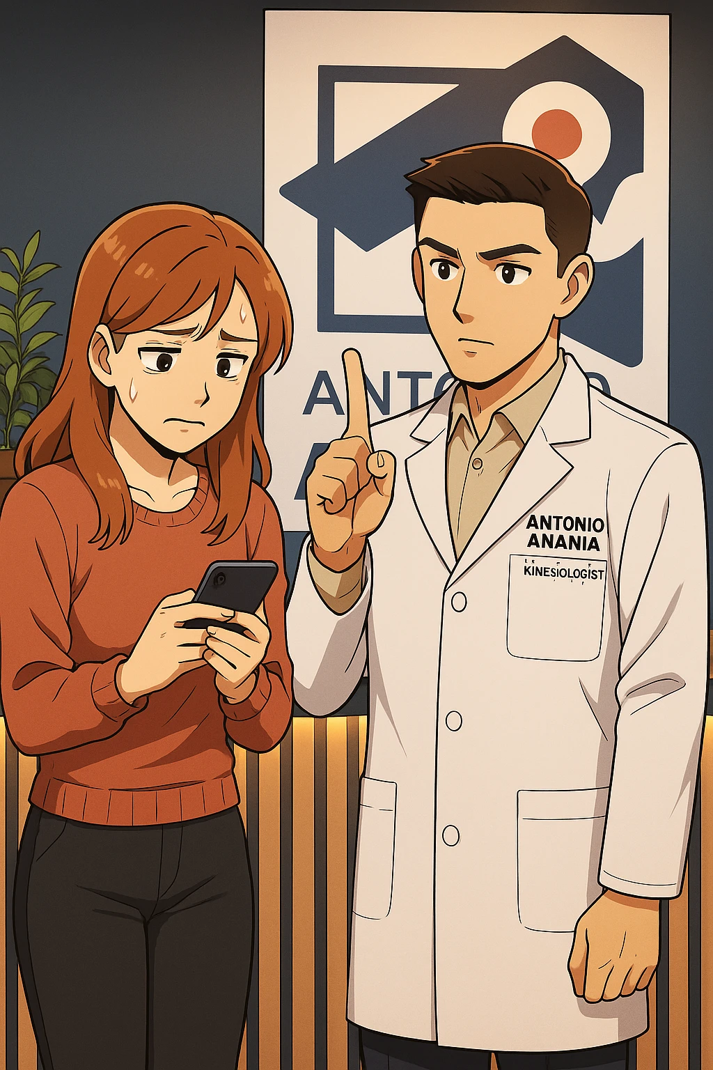 su questo stile fai un manga/webtoon a colori in cui una donna CONTROLLA LO SMARTPHONE MENTRE PARLA CON L'UOMO, l'uomo della foto in stile manga LE DICE DI "NO" CON IL DITO, mantieni un ambiente simile alla foto che ho allegato con il suo logo (sarebbe il suo studio, lui è un kinesiologo), scrivigli "ANTONIO ANANIA" sul camice bianco, non mettere fumetti, ma fai in modo che sembri che la donna CONTROLLI LO SMARTPHONE E L'UOMO CON I GESTI LE FACCIA CAPIRE CHE STA SBAGLIANDO emoji