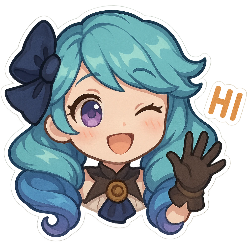 Gwen from League of Legends, chibi style, only head, right eye purple, one hand waving with glove, hi emote, cheerful and welcoming, no text emoji