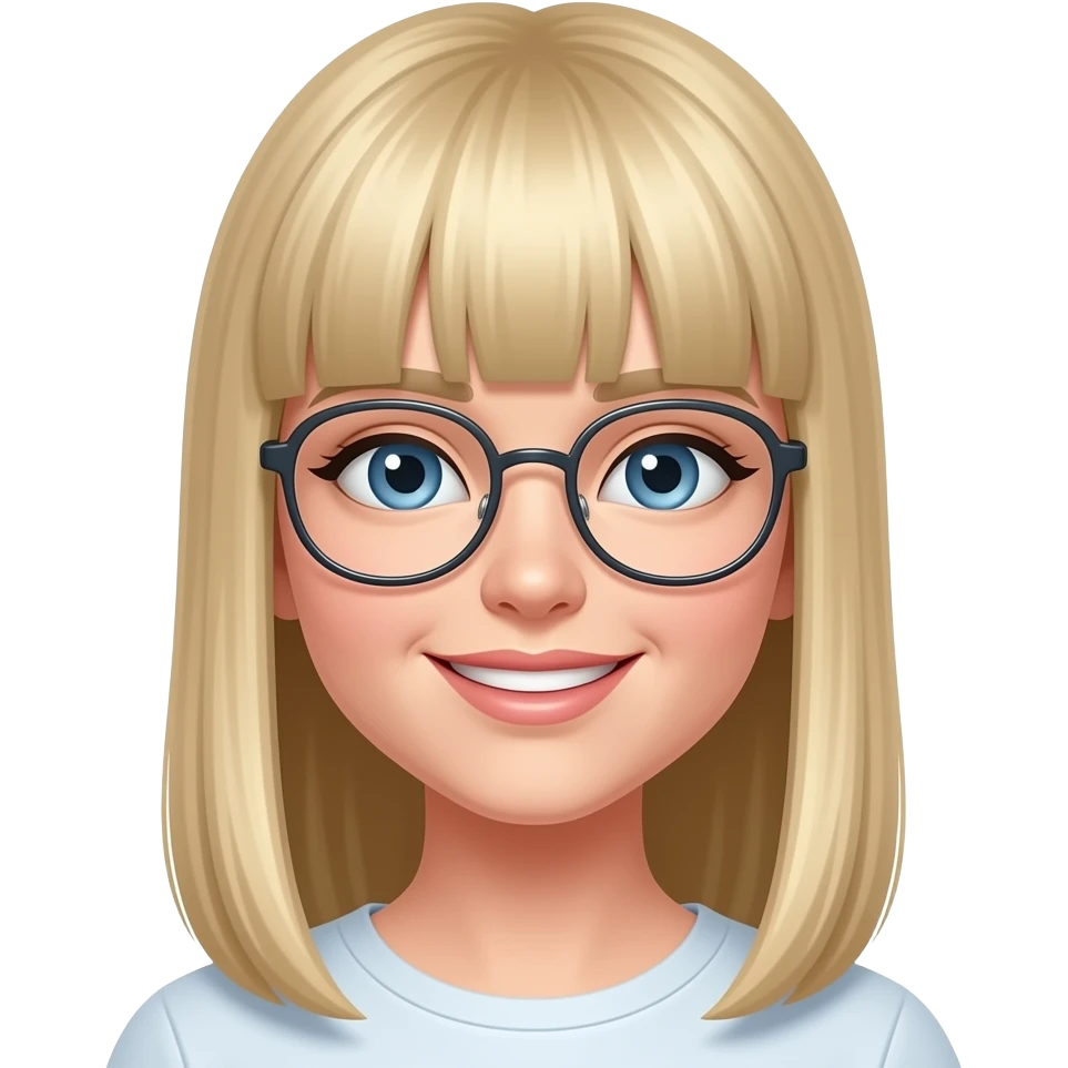 blue eyes long straight blonde hair wire rim glasses with bangs and pretty smile emoji