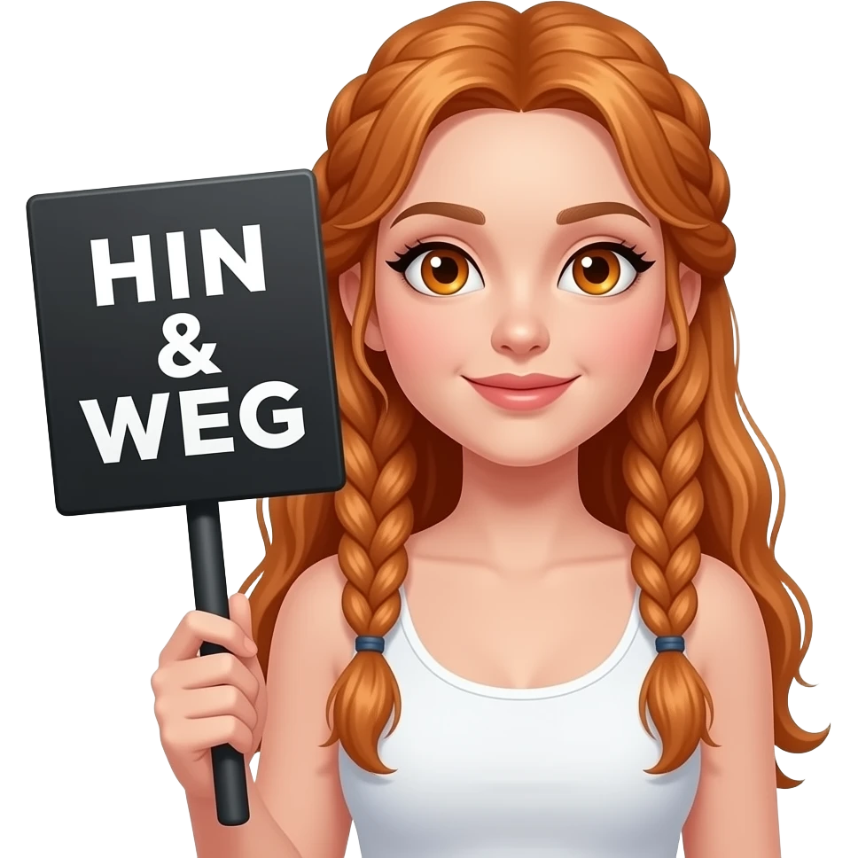 sexy girl with long ginger braids and ginger eyes wearing a white tanktop is holding a black sign with HIN & WEG written on it emoji