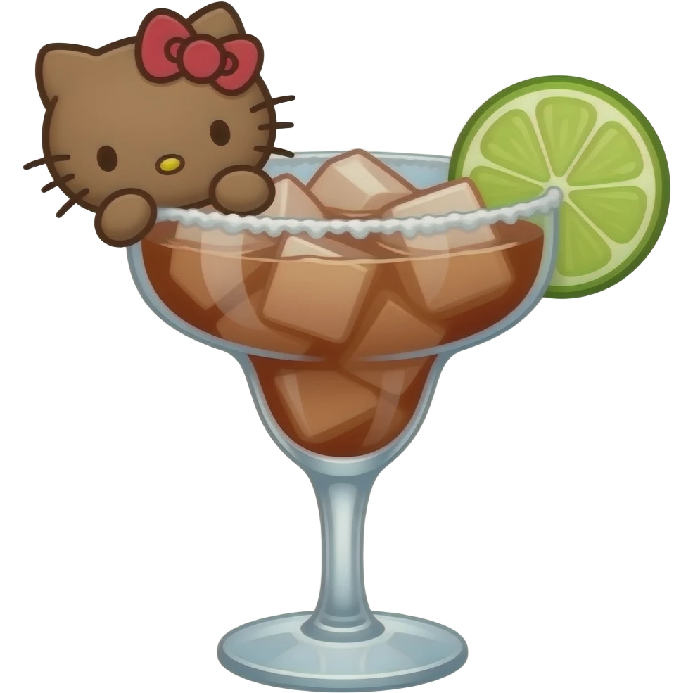 tanned hello kitty the sanrio character themed brown and pink colored cocktail in margarita glass with actual illustration of tanned kitty as a garnish no lime or lemon emoji