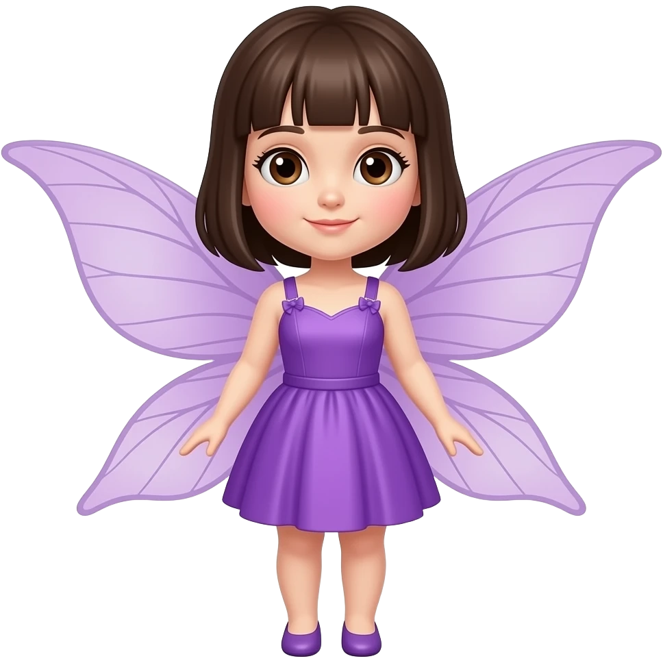 whole body fairy with purple dress and extremely fair skin fairy with dark brown hair bangs and dark brown eyes emoji