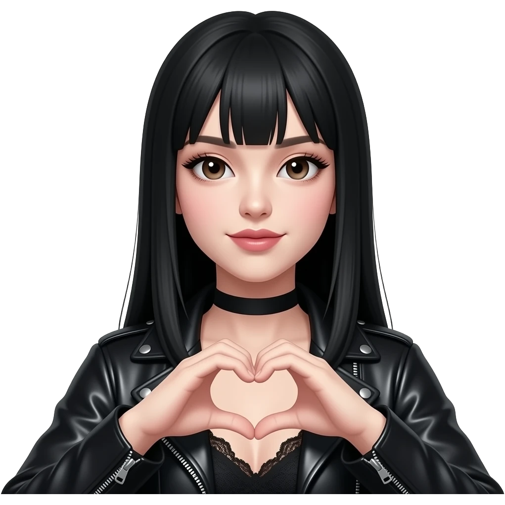 Beyaz tenli yani ten rengi çok açık olsunsiyah uzun düz saçlı hafif çekik gözlü kahverengi gözlü uzun kirpikli ince seyrek kaşlı üzerinde siyah dantelli kıyafet var üstünde deri ceket dudakları kalın büyük ve düz olsun soğuk tonlarda makyaj olsun yüzünde pürüzsüz bir cildi olsun kalp yapsın emoji