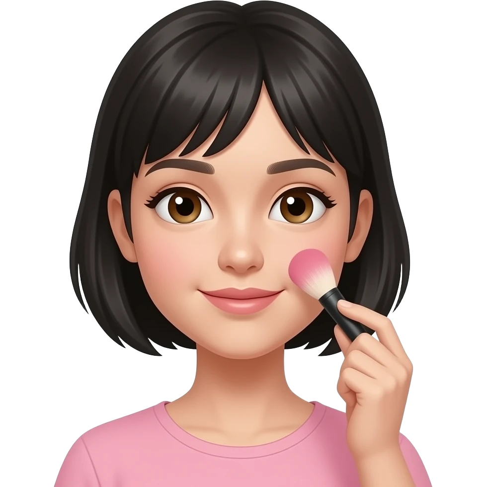 White girl with short black hair applying blush, wearing a light pink top, iPhone emoji style emoji