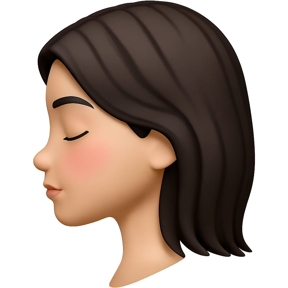 Create a side profile view of this girl's head in Apple emoji style with eyes closed and a slight blush. The image should have a 3D look with soft shading and a transparent background, capturing the essence of Apple style emojis. emoji