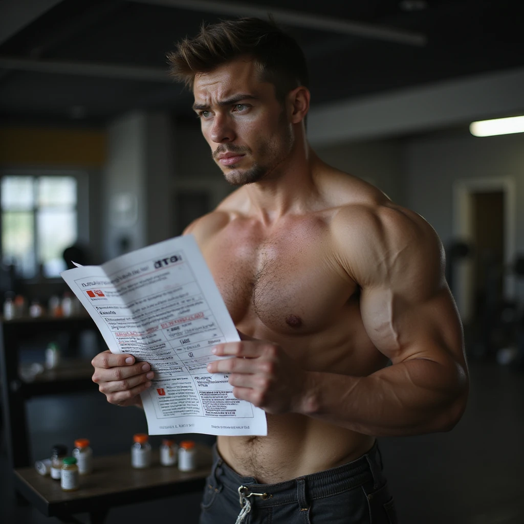 young inexperienced bodybuilder with swollen but undefined muscles in gym, holding dosage chart with obvious errors and warning symbols, anabolic bottles scattered, confused and worried expression, dramatic lighting, realistic details, isolated on white background, 4K quality emoji