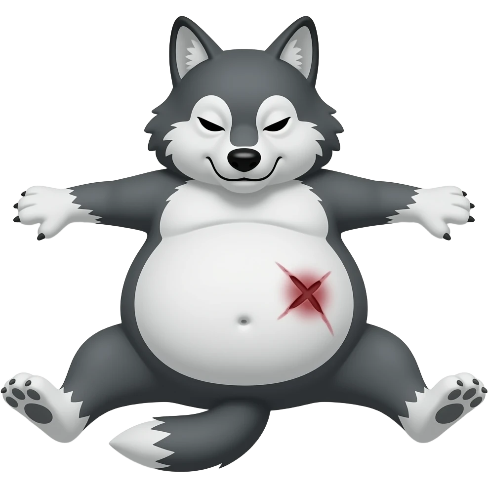 Hazme un lobo durmiendo y estirado. Tiene que tener mucha barriga. Tiene que ser malo. Tiene que tener una herida en la barriga emoji