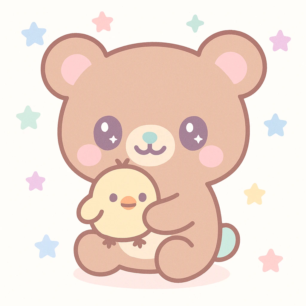 rillakuma, cute bear character, holding a yellow chick, kawaii style emoji