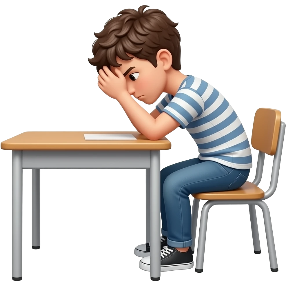 emoji genervter jugendlicher, ganzer körper am Tisch, weißer Hintergrund,  kopf in den Händen, körper zur Seite gedreht emoji