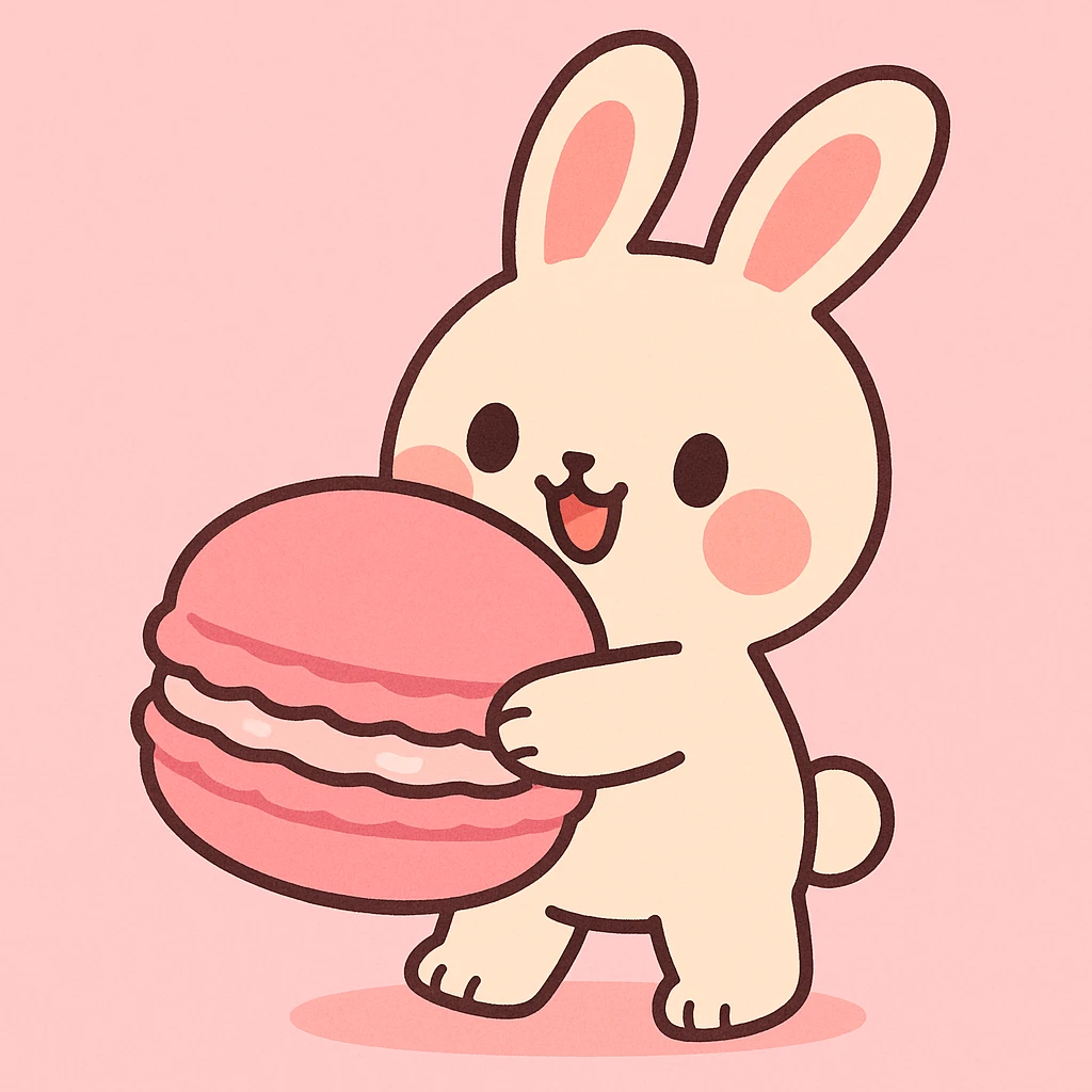chibi bunny holding a giant macaron, soft pink background, pastel dessert theme, adorable illustration emoji