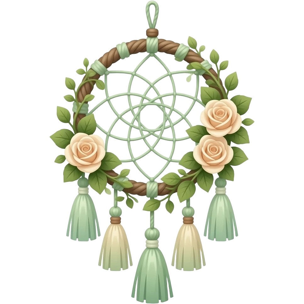 Hippie-like Cute dainty neat Pastel Green-white-brownish-beige-gradients thread-rope-hanging dreamcatcher, pastel colors, whitish, light, green academia aesthetic, mossy, with green vines and beige roses, Cottagecore, Princesscore, shiny glistening, vintage, tassels emoji