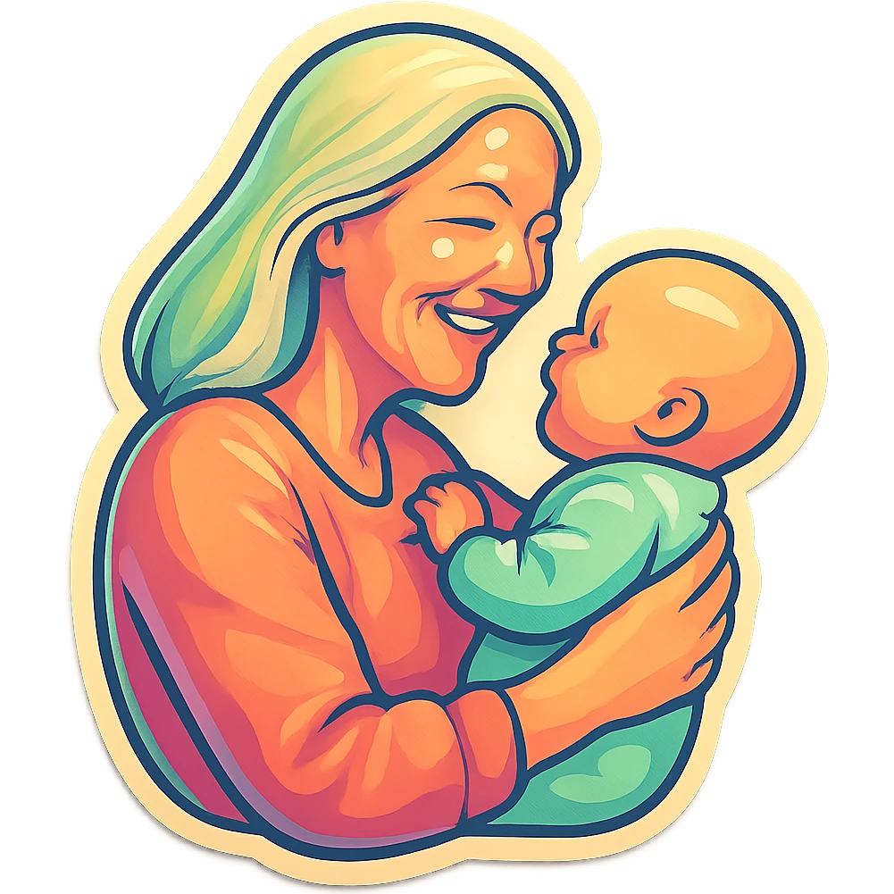 mature woman with long light hair holding a baby in her arms, smiling, side view, thin clean outlines, soft rounded shapes, pastel palette, retro sticker aesthetic, detailed shadows and highlights, soft lighting emoji