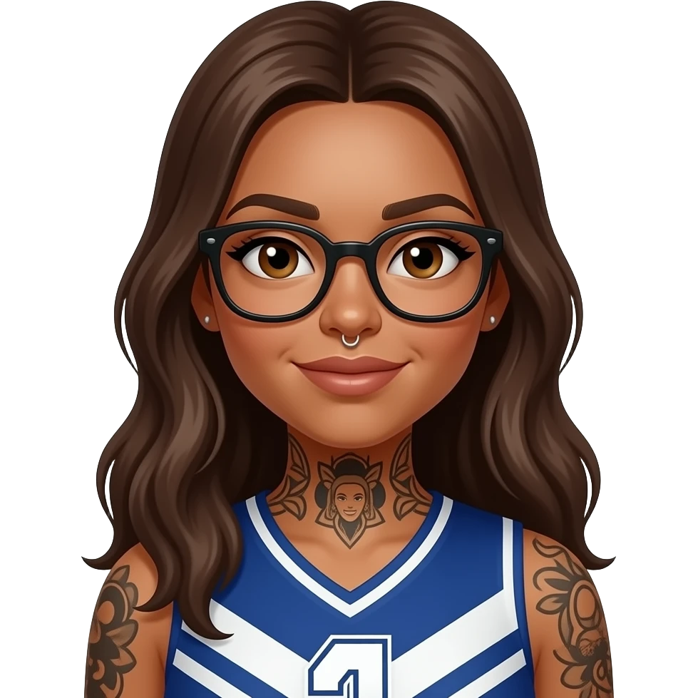 tan girl with glasses, eyebrow piercing and septum, with tattoos on her throat and arms, and long hair cheerleader emoji