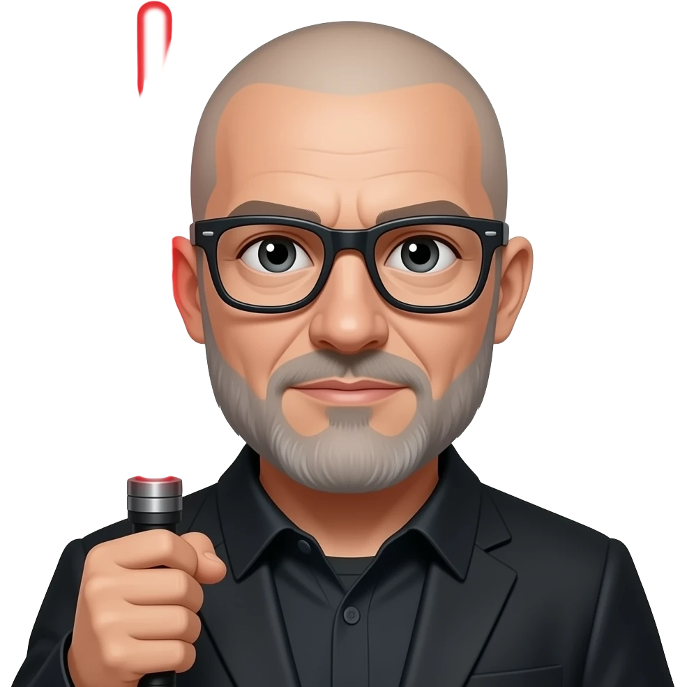 skinhead man with greyish beard black glasses holding red lightsaber emoji
