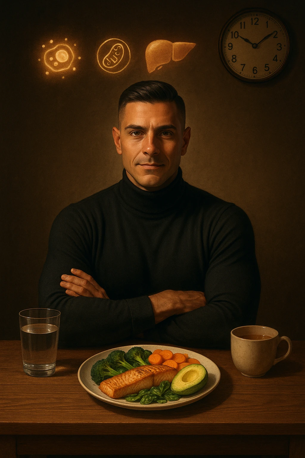 A realistic, cinematic illustration of a healthy, fit man in his early 30s with a calm, disciplined expression, sitting at a clean wooden table in the evening with a single, balanced, nutrient-dense meal in front of him (grilled salmon, colorful vegetables, avocado). The rest of the day he drinks only water and herbal tea, visible in a glass and a simple cup on the side. A wall clock in the background shows 6:00 PM, emphasizing that this is his only meal of the day (OMAD). Subtle glowing icons above him display a regenerating cell, mitochondria, and a liver symbol, representing autophagy, longevity, and health benefits of OMAD. The lighting is warm, with cinematic shadows and natural tones, creating a sense of discipline, mental clarity, and health optimization. The man looks centered and content, showing that OMAD is a conscious choice for energy and regeneration, not restrizione. The scene is realistic with slight film grain for depth emoji