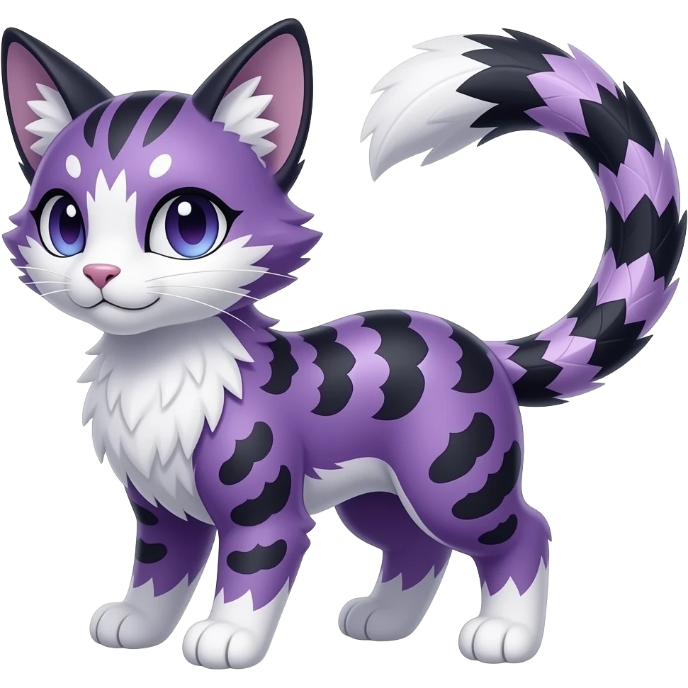 Furry, fluffy tropical flecked painted feathery scaly, Purple, white, black, Minccino-Bambino-Lykoi-Linoone-Zangoose-fusion-hybrid-animal-Fakémon-creature, full body, thin long sleek scaly tail, intricate markings emoji