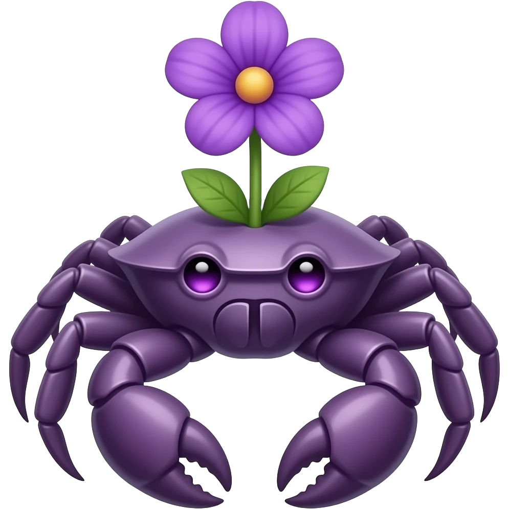 A purple crab with a purple  flower growing on its back on its back purplen eyes glowing eyes facing forward emoji