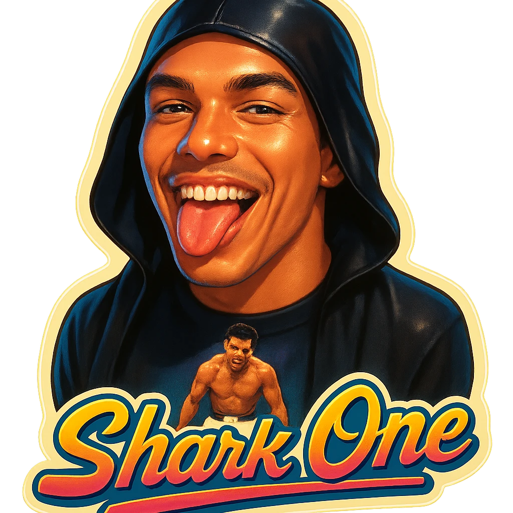 Make him Smiling with tongue sticking out
Add the words Shark One emoji