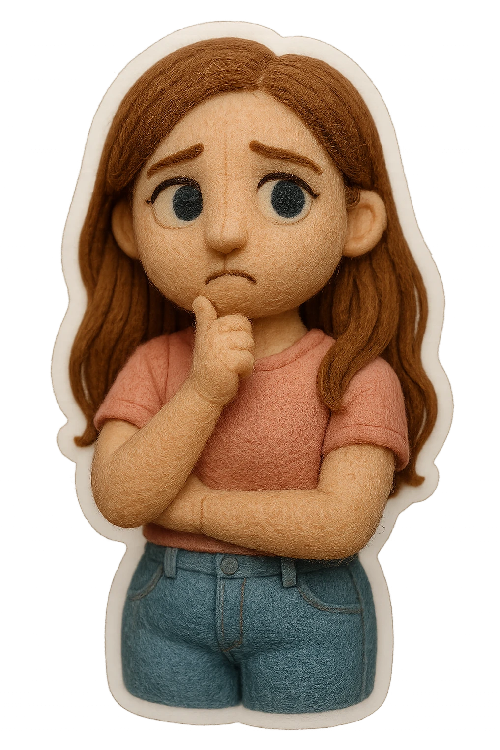 Refine the image to look more like a DreamWorks 3D cartoon style: a 30-year-old woman with long light brown hair below shoulder blades, fair skin, large expressive blue eyes, slight bump on nose, wearing a pastel pink t-shirt and light blue mom jeans. She has a thoughtful expression with soft light, transparent background, and a white sticker outline. emoji