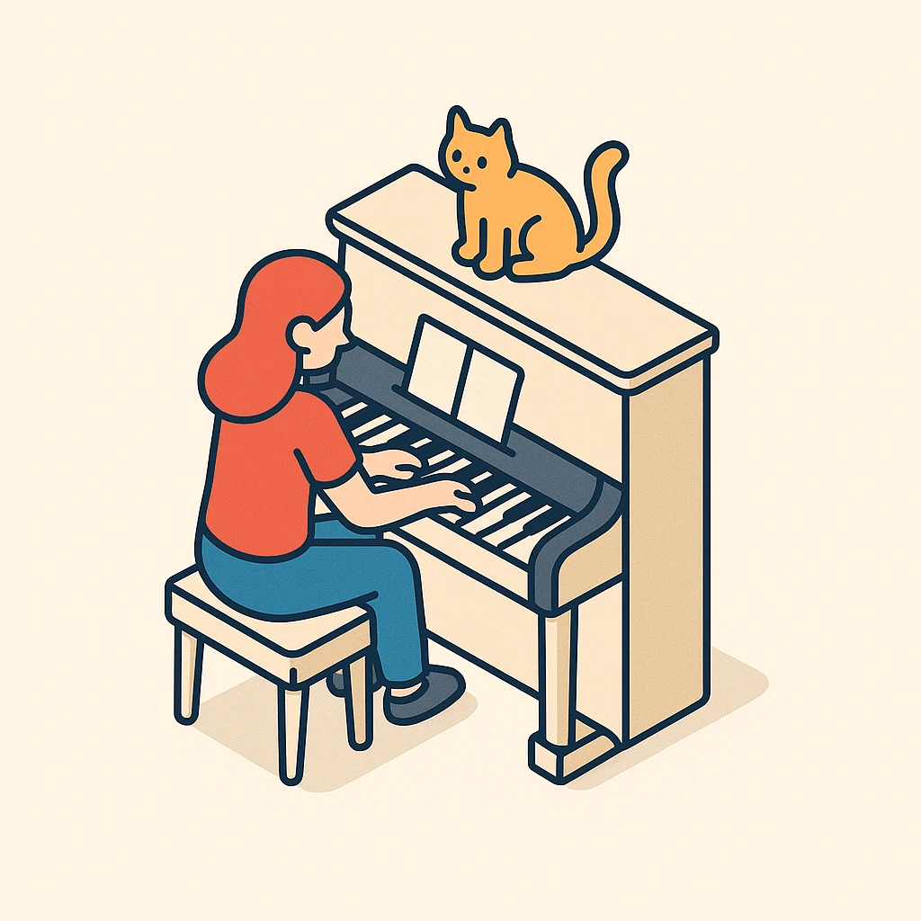 woman playing piano while her cat sits on top of the piano emoji