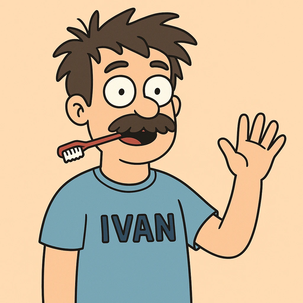 A boy brown mustache Toothbrush Bed Head hair blue ok t-shirt Ivan say hello emoji