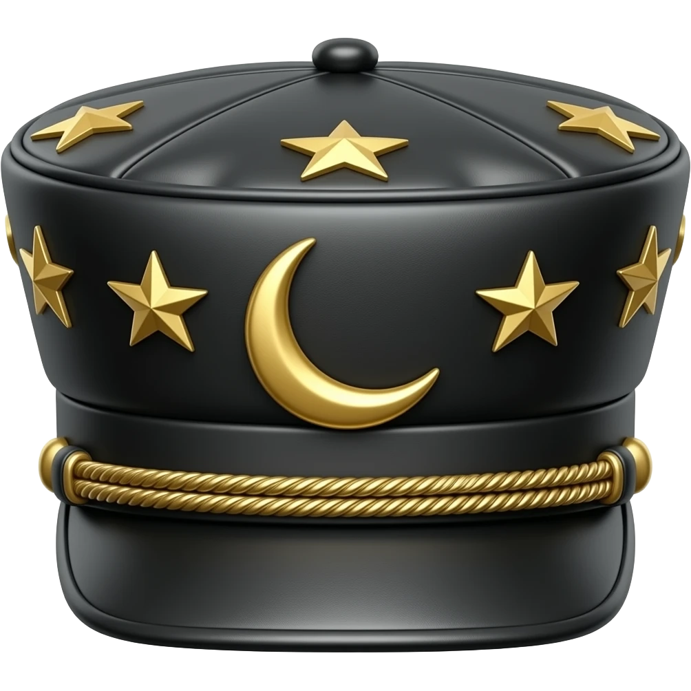 Black leather Dommy Kepi hat with gold stars and a gold crescent on the side emoji