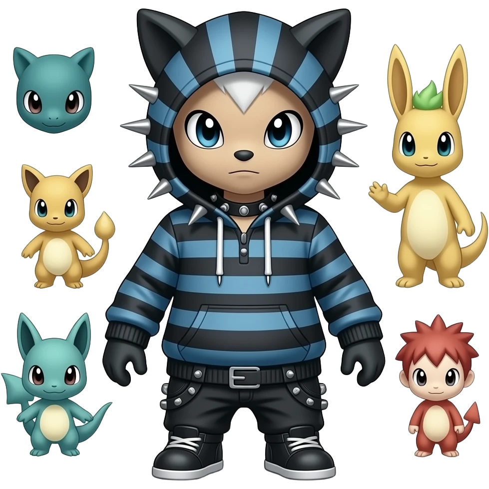 Cool Dark Edgy Absol-Noivern-Quilava-Litten-Pokémon with edgy stripes hoodie spiked collar punk Full Body emoji