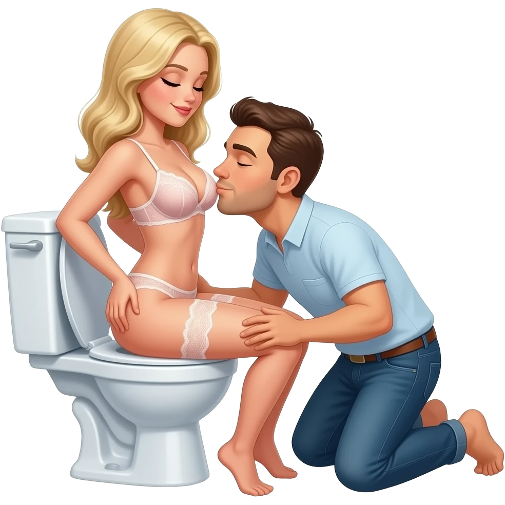White blonde woman in lingerie sits backwards on open toilet holding her butt open while man knees behind her kissing her butt. Eyes closed smiling emoji