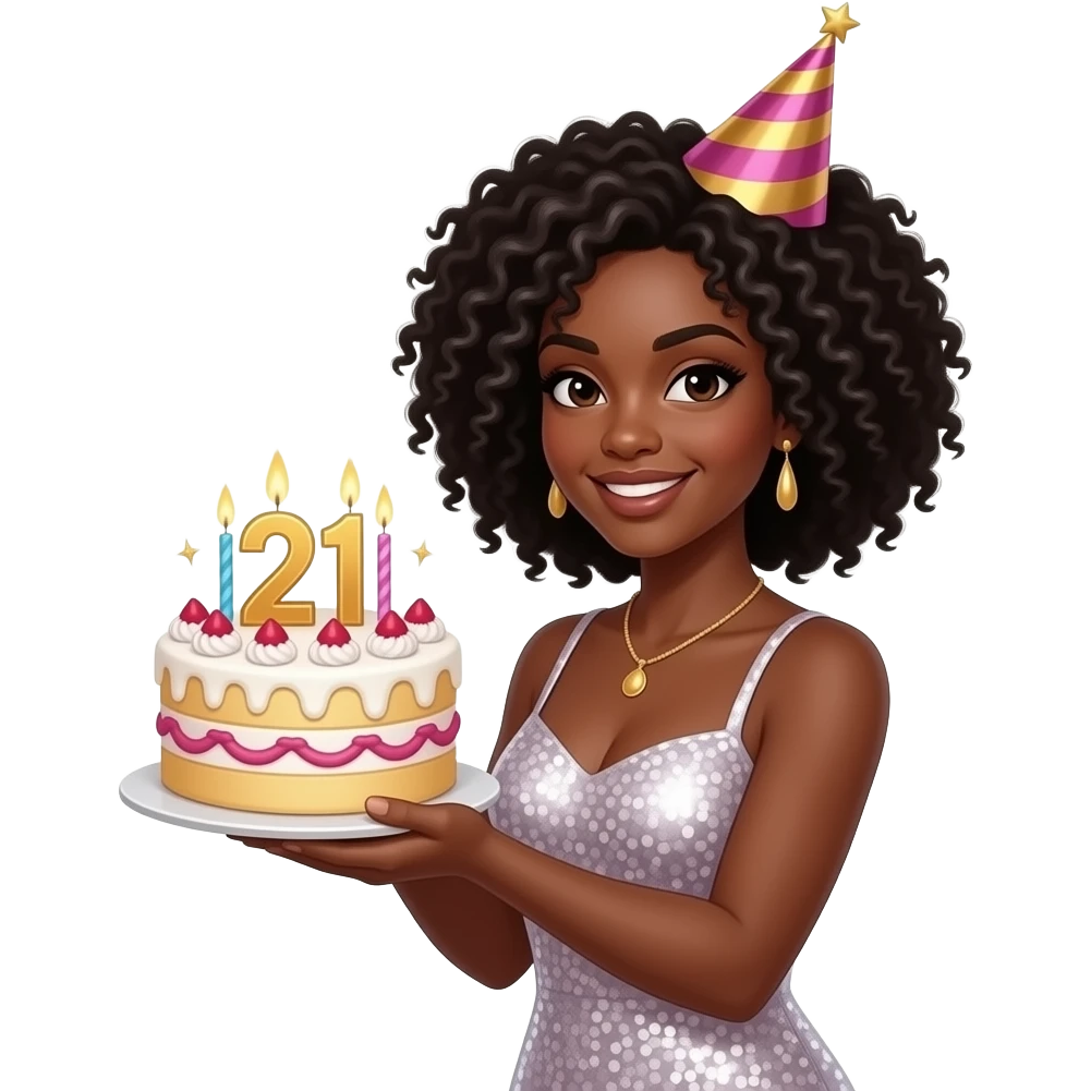 black girl 21st birthday cake shiny dress emoji