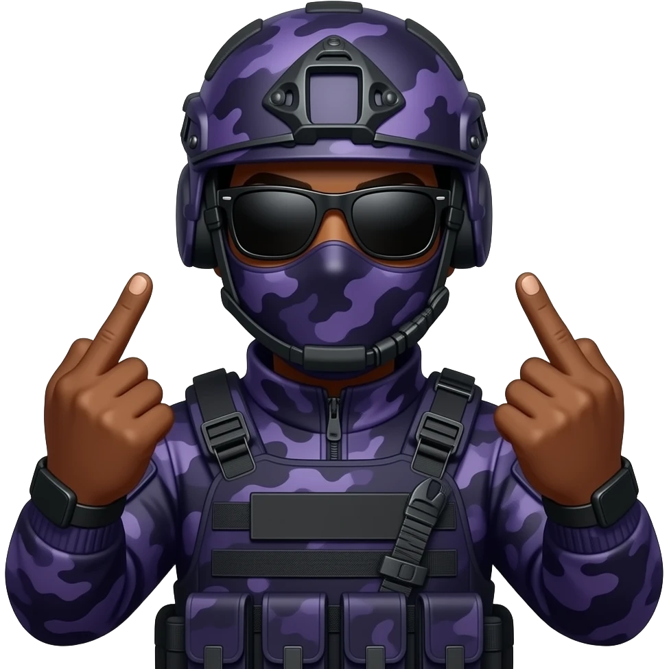 Black Man in large black sungoggles dark purple camoflage tactical gear helmet and mask 2 middle fingers emoji