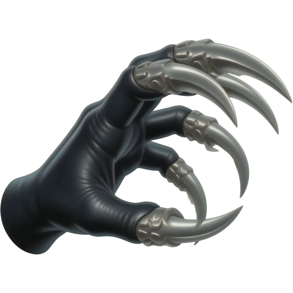 Long dark Demonic hand with sharp claws. The hand should be reaching out violently and to attack and slashing towards the right of the image violently. Shift the perspective to a side profile to show the curvature and length of the claws more clearly. emoji