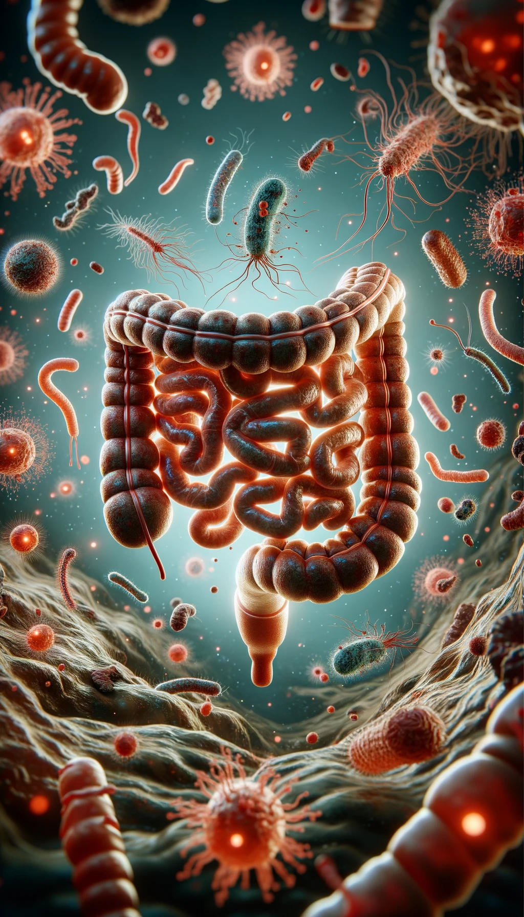 intestino umano realistico con batteri e parassiti che gli fluttuano intorno, iperrealistico 4k emoji