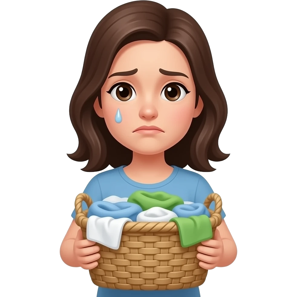 woman holding laundry basket, slightly tired expression, soft eyes, subtle fatigue but still composed, minimalist flat illustration, pastel palette, consistent style, same character design, no background emoji