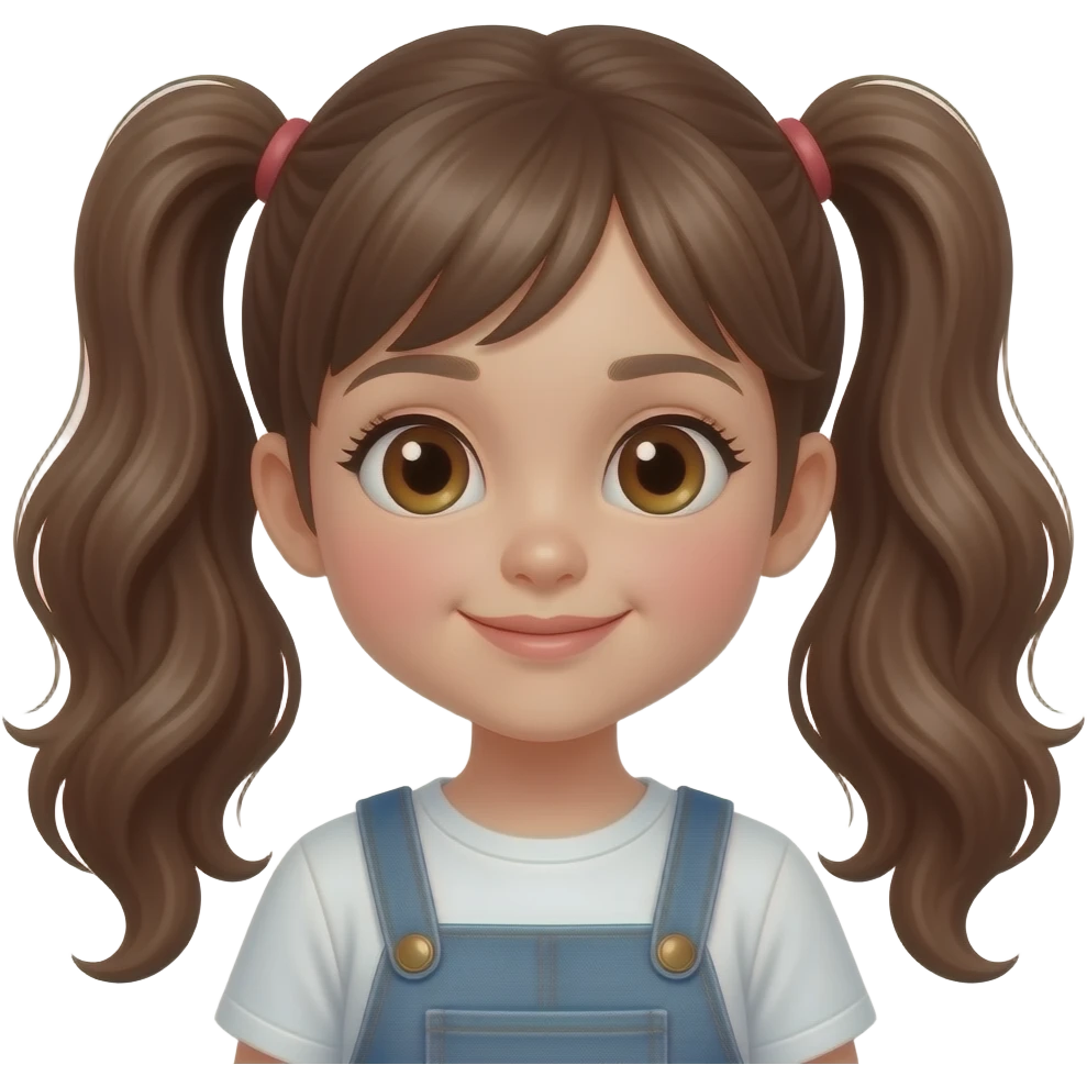 Niña pequeña con dos coletas muy largas y onuladas marones y ojos marrones con ropa emoji