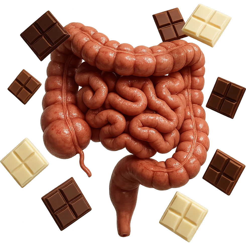 pezzetti di cioccolato fondenti, al latte e bianchi fluttuano intorno ad un intestino umano anatomico realistico, IPERREALISTICO 4K emoji