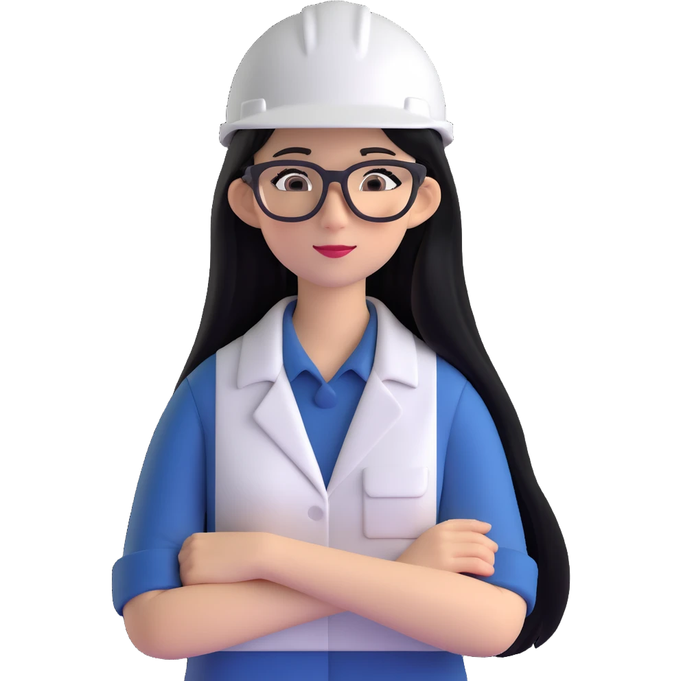 A woman with long, straight black hair, wearing glasses and a white architect's helmet emoji