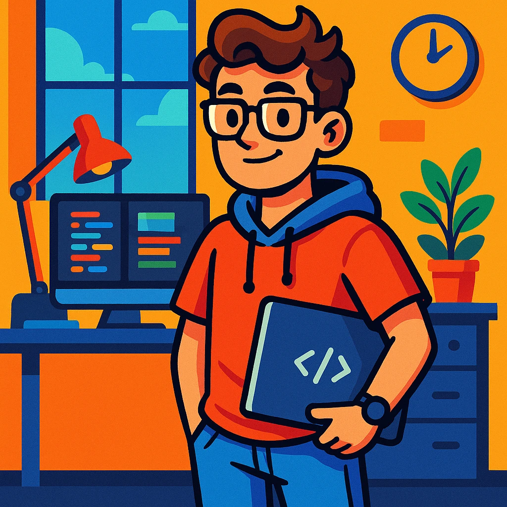 23-year-old programmer-entrepreneur, young adult with casual tech attire, holding a laptop, confident expression, modern workspace background, vibrant cartoon style emoji